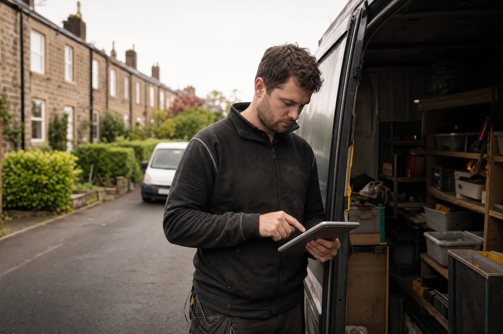 A contractor checks the customer list on a tablet beside his work van