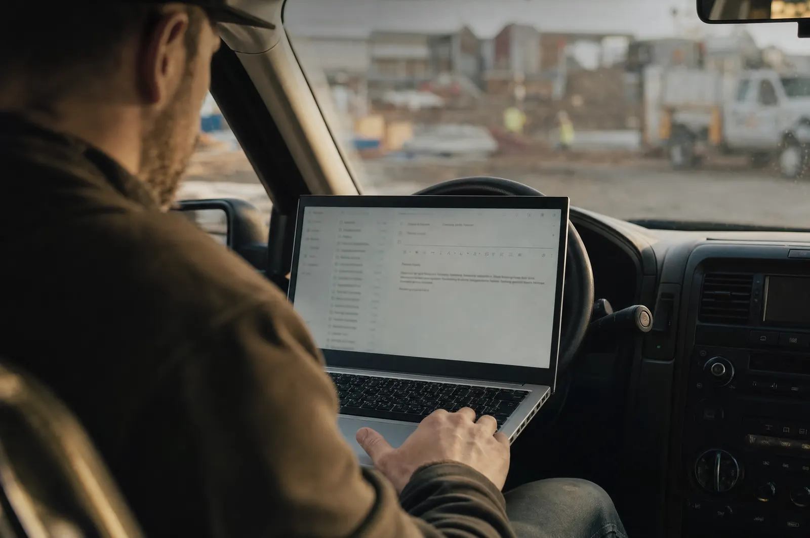 A contractor reads an e-mail draft on a laptop in the cab of his truck