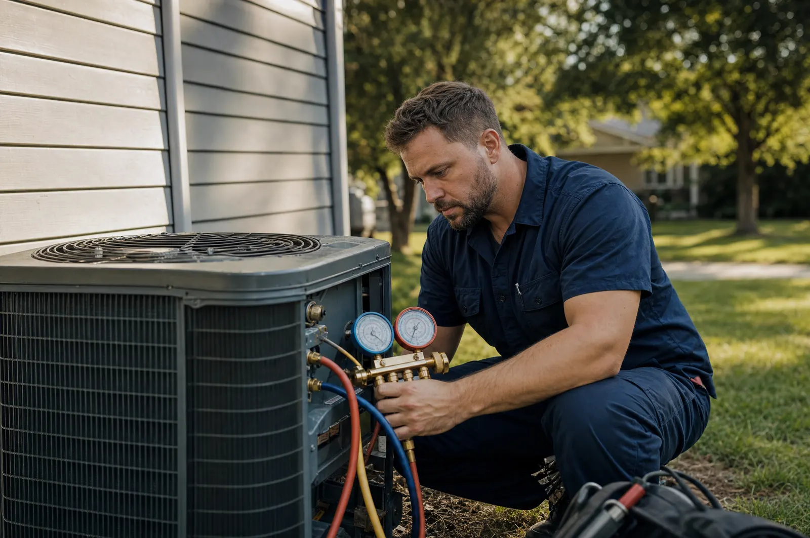 An HVAC technician checks the pressure of an outdoor air conditioning unit beside a house