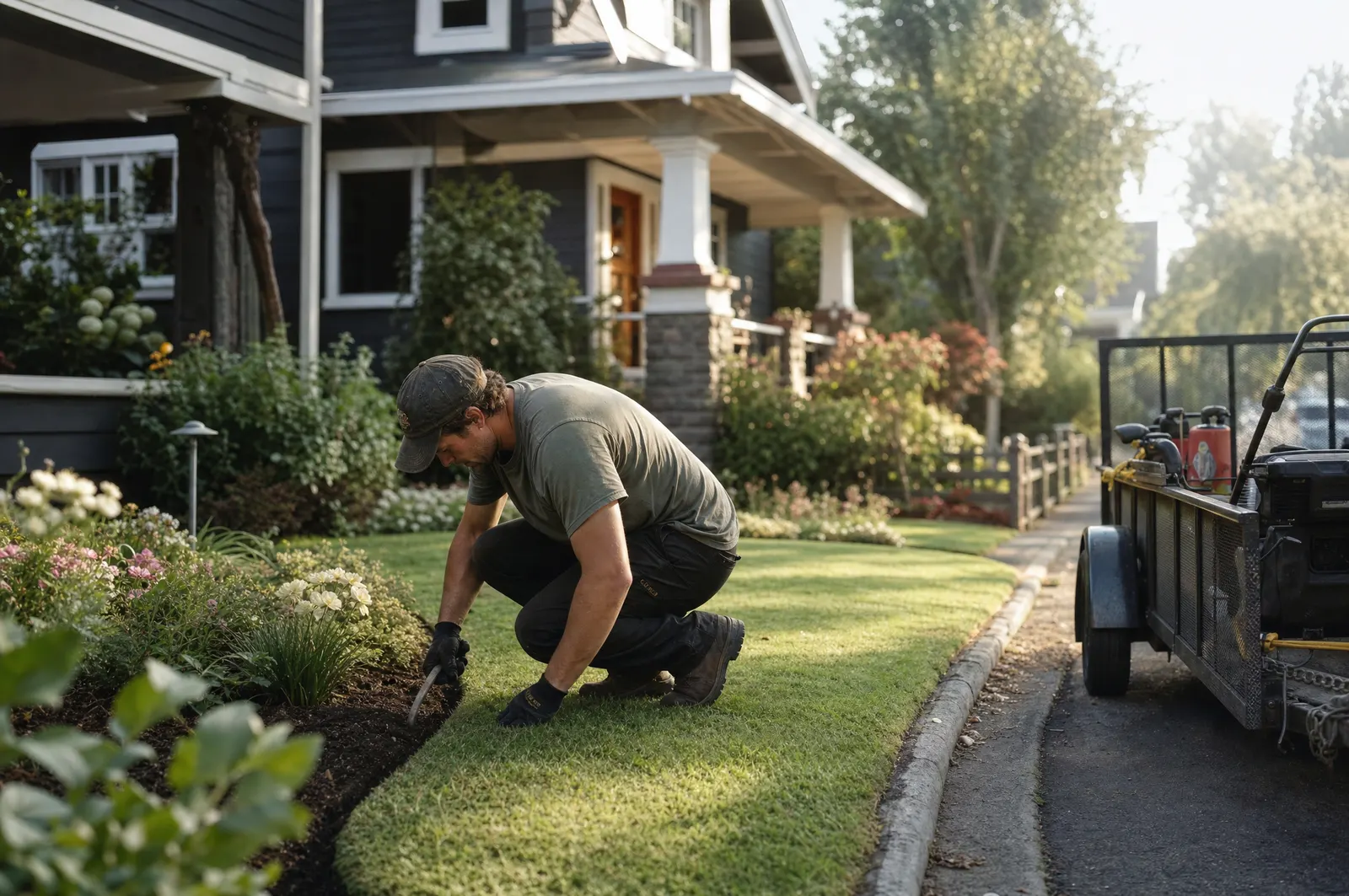 A landscaper edges a front lawn, with the equipment trailer parked at the curb