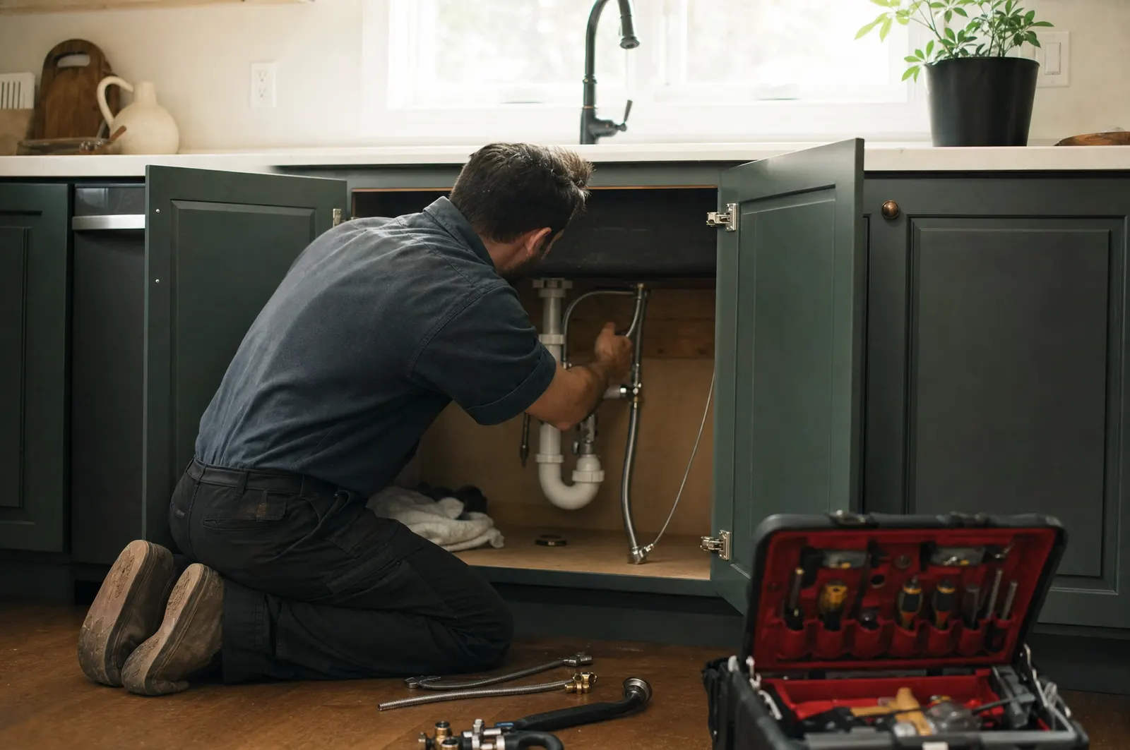 A plumber installs a supply line under a kitchen sink
