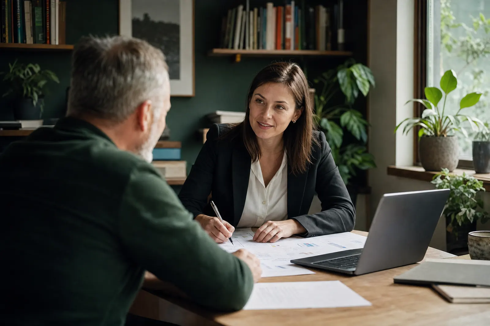 An accountant meets a business owner to go over documents