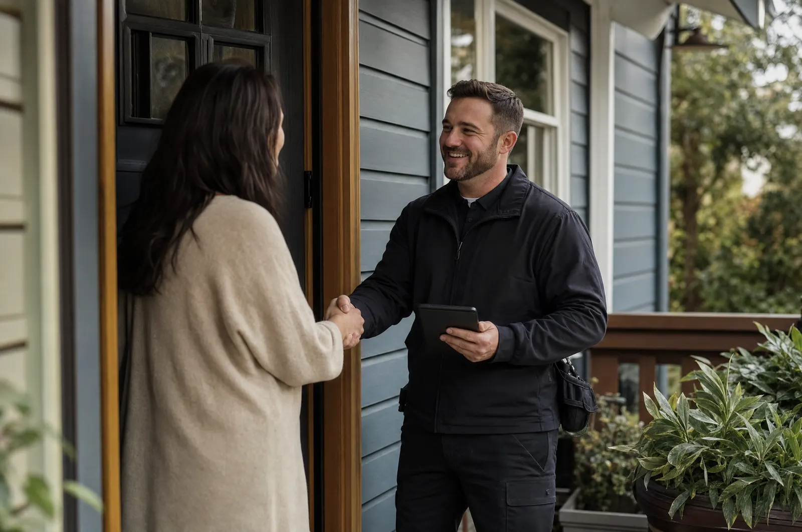 A technician shakes hands with a homeowner at the front door after a job