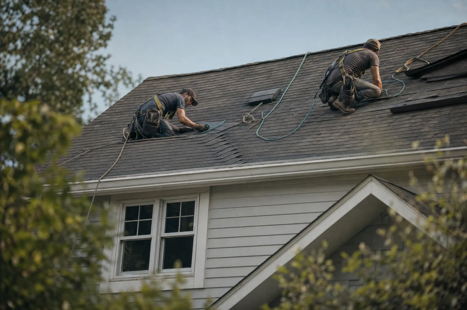 Two roofers install asphalt shingles on a house